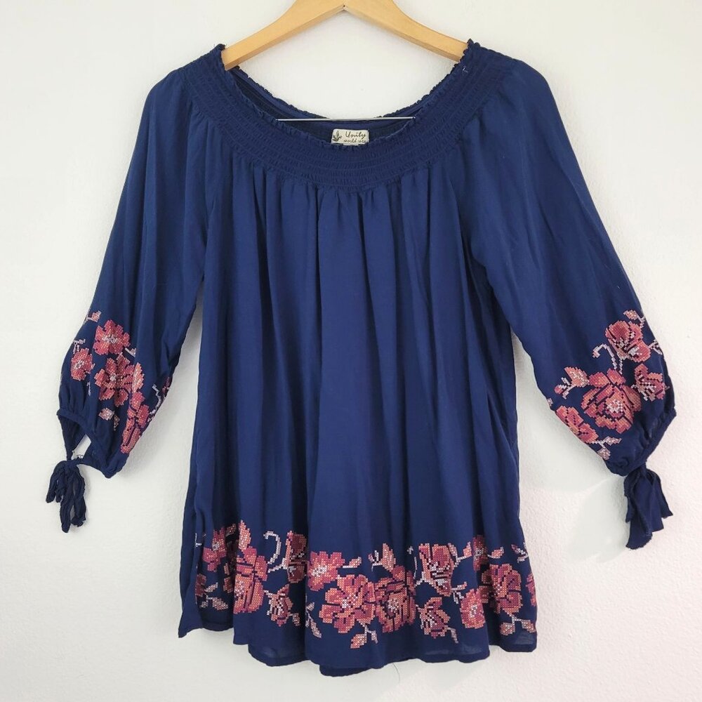 Unity World Wear Sz S Floral Navy Peasant Top Smocked 3/4 Sleeves Boho Blouse - Picture 1 of 11